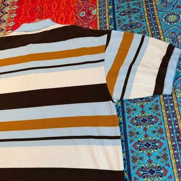 Old Skool Urban Wear Striped Polo Shirt Men’s 3X Blue Brown White Short Sleeve - Picture 4 of 9